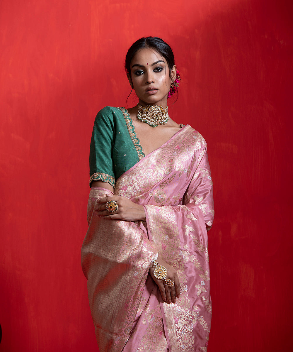 Handloom_Pink_Pure_Katan_Silk_Banarasi_Saree_With_Floral_Jaal_And_Meenakari_WeaverStory_01