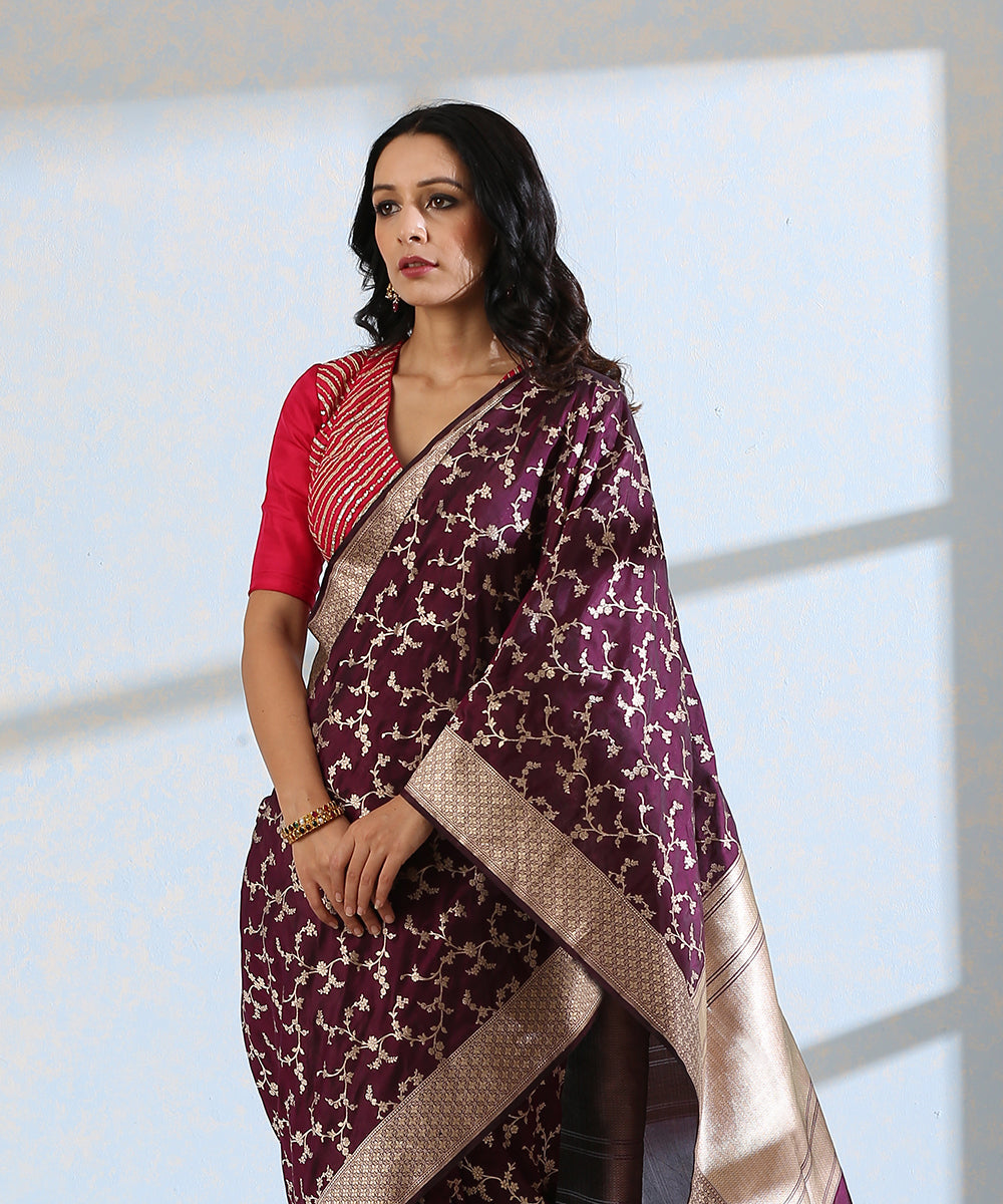Wine_Handloom_Pure_Katan_Silk_Banarasi_Saree_with_Cutwork_Jaal_WeaverStory_01
