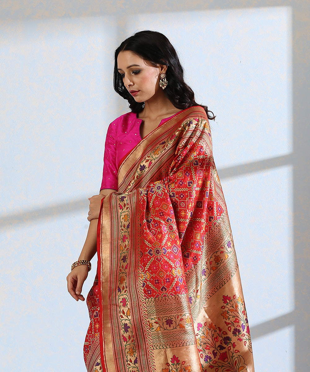 Handloom_Red_Pure_Katan_Silk_Meenakari_Banarasi_Patola_Saree_With_Floral_Paithani_Border_WeaverStory_01