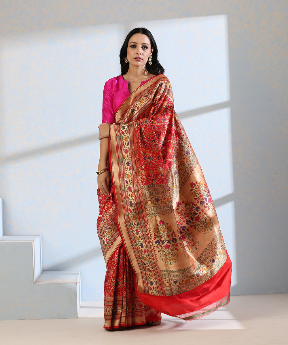 Handloom_Red_Pure_Katan_Silk_Meenakari_Banarasi_Patola_Saree_With_Floral_Paithani_Border_WeaverStory_02