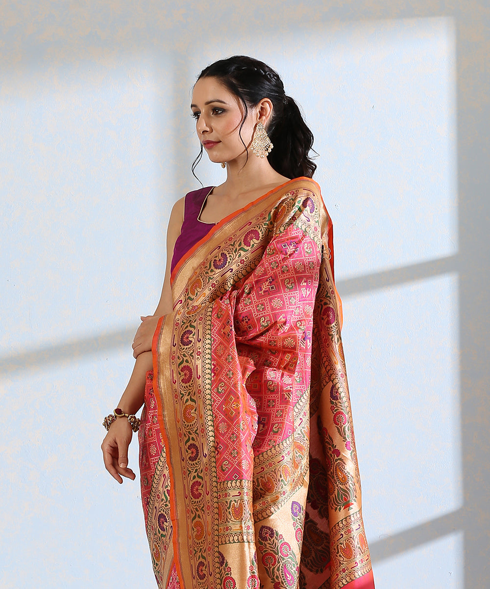 Pink_Handloom_Pure_Katan_Silk_Meenakari_Banarasi_Patola_Saree_With_Floral_Paithani_Border_WeaverStory_01