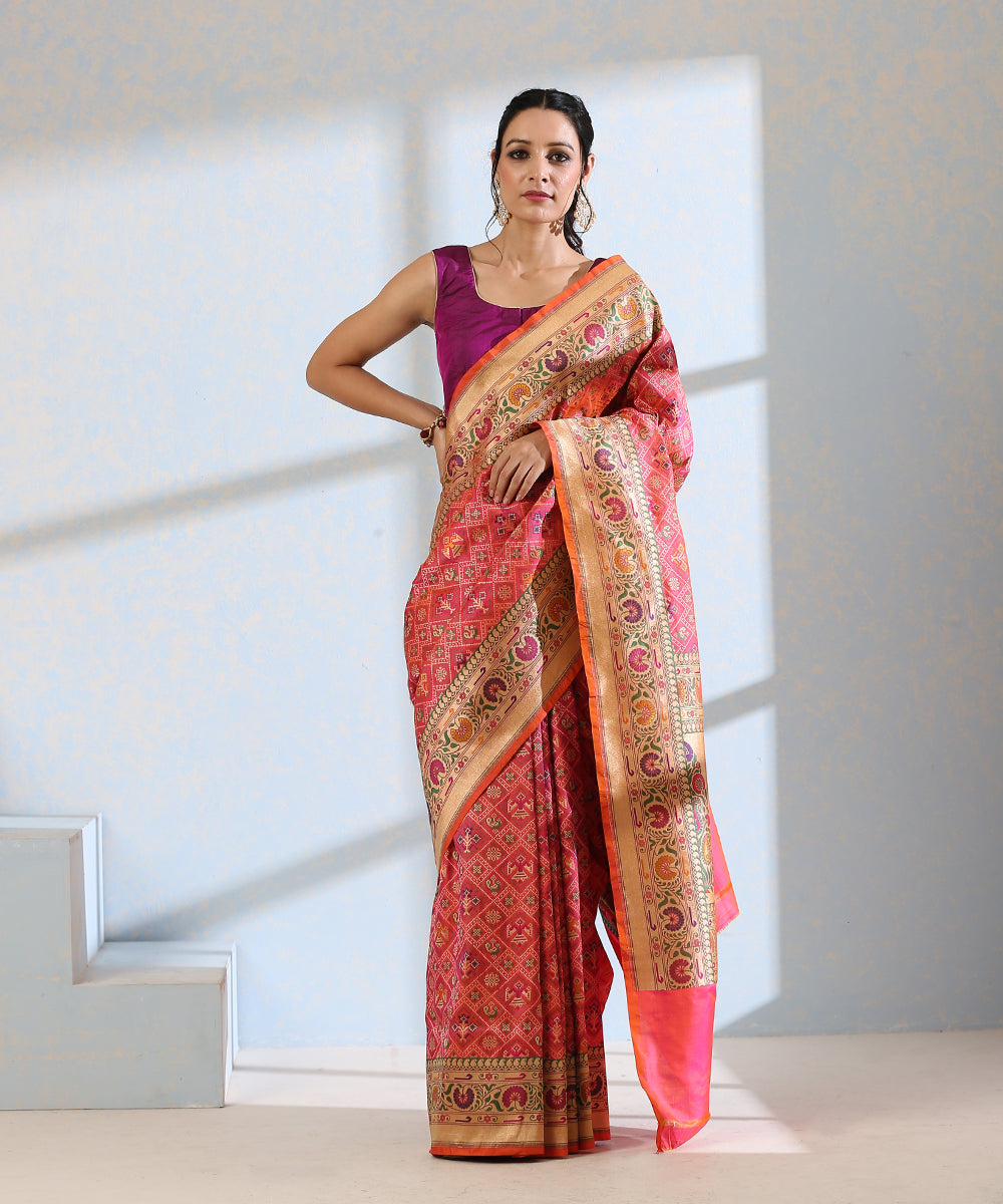 Pink_Handloom_Pure_Katan_Silk_Meenakari_Banarasi_Patola_Saree_With_Floral_Paithani_Border_WeaverStory_02