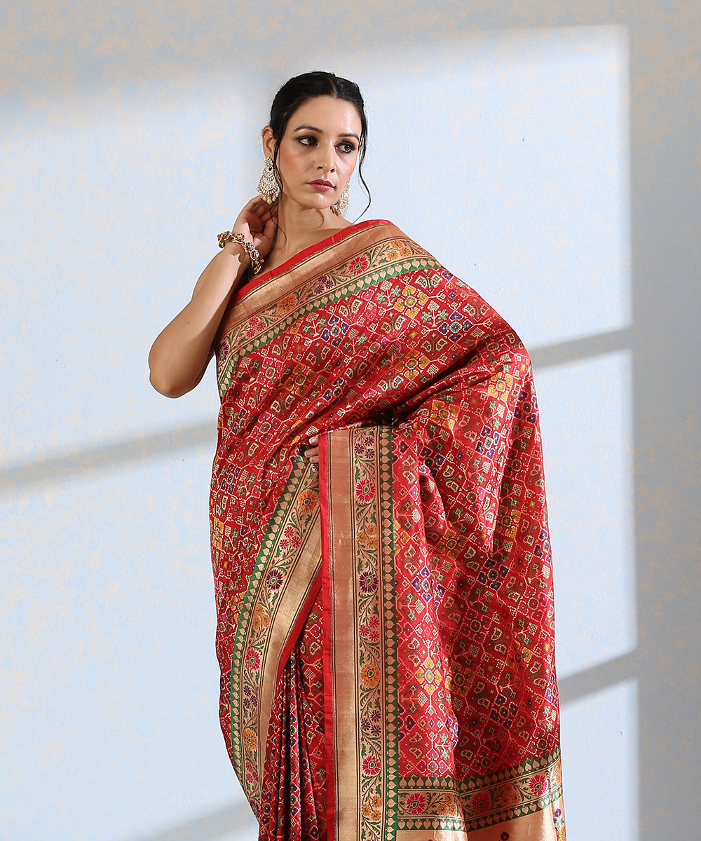 Handloom_Red_Pure_Katan_Silk_Meenakari_Banarasi_Patola_Saree_With_Floral_Paithani_Border_WeaverStory_01