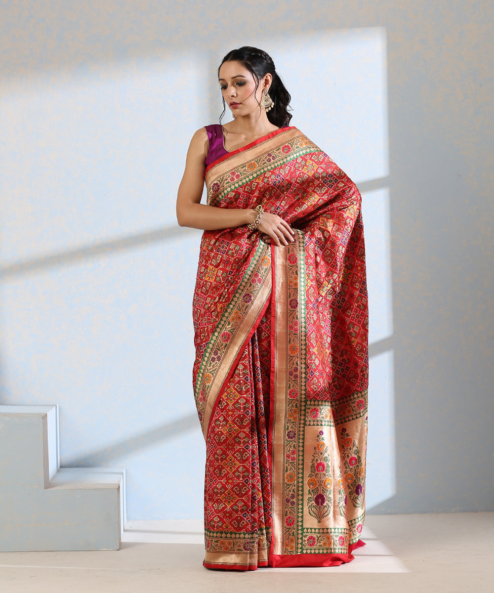 Handloom_Red_Pure_Katan_Silk_Meenakari_Banarasi_Patola_Saree_With_Floral_Paithani_Border_WeaverStory_02