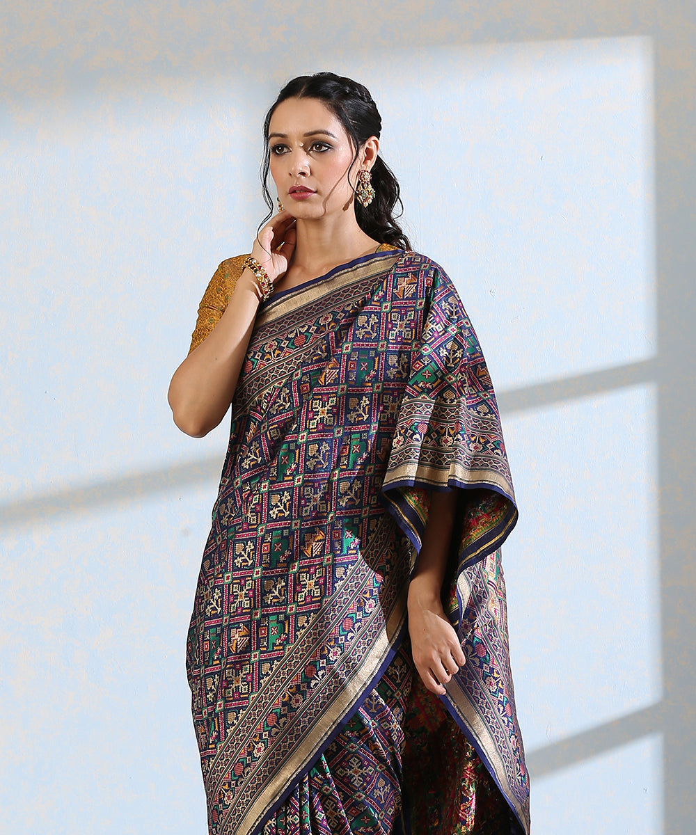 Blue_Handloom_Pure_Katan_Silk_Meenakari_Banarasi_Patola_Saree_With_Floral_Paithani_Border_WeaverStory_01
