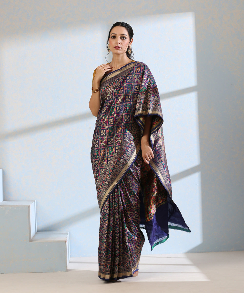 Blue_Handloom_Pure_Katan_Silk_Meenakari_Banarasi_Patola_Saree_With_Floral_Paithani_Border_WeaverStory_02