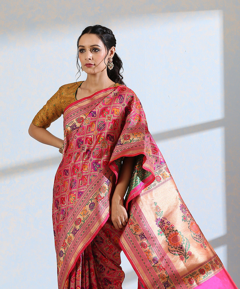 Pink_Handloom_Pure_Katan_Silk_Meenakari_Banarasi_Patola_Saree_With_Floral_Paithani_Border_WeaverStory_01