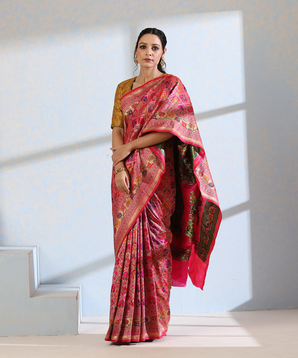 Pink_Handloom_Pure_Katan_Silk_Meenakari_Banarasi_Patola_Saree_With_Floral_Paithani_Border_WeaverStory_02