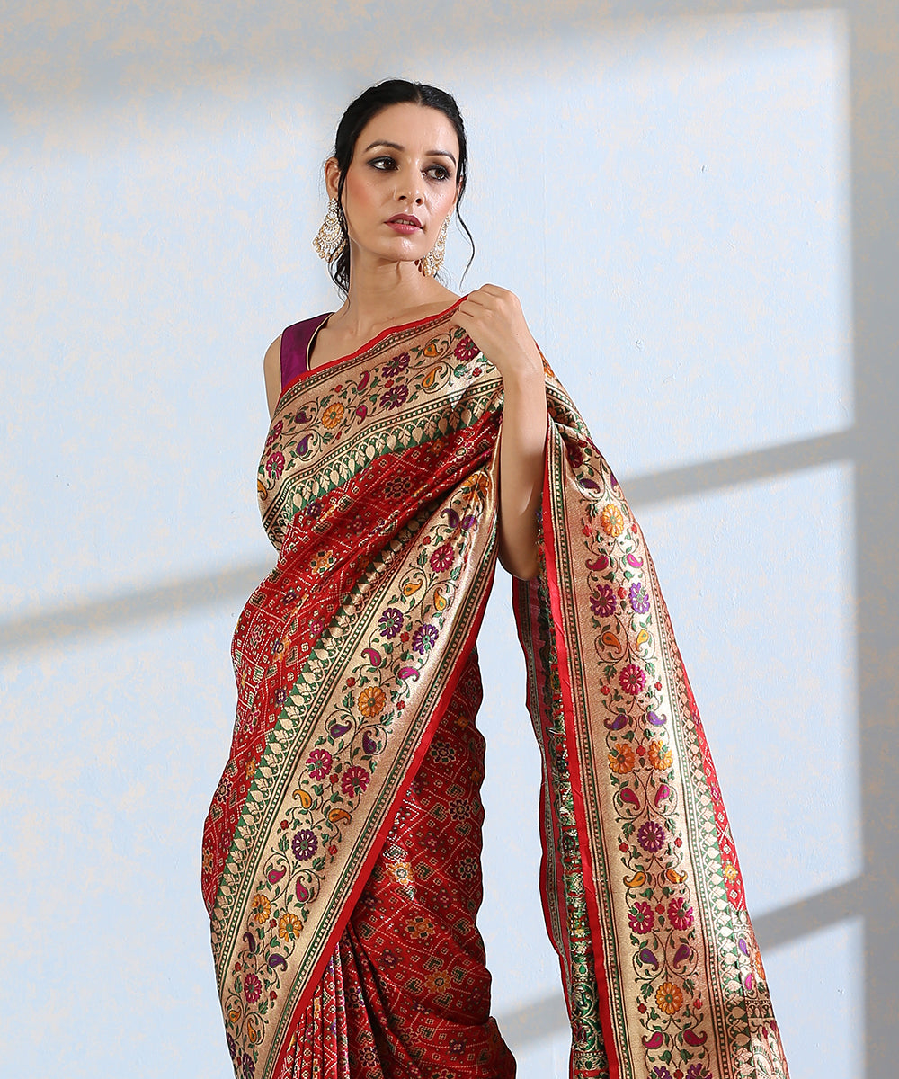 Handloom_Red_Pure_Katan_Silk_Meenakari_Banarasi_Patola_Saree_With_Floral_Paithani_Border_WeaverStory_01