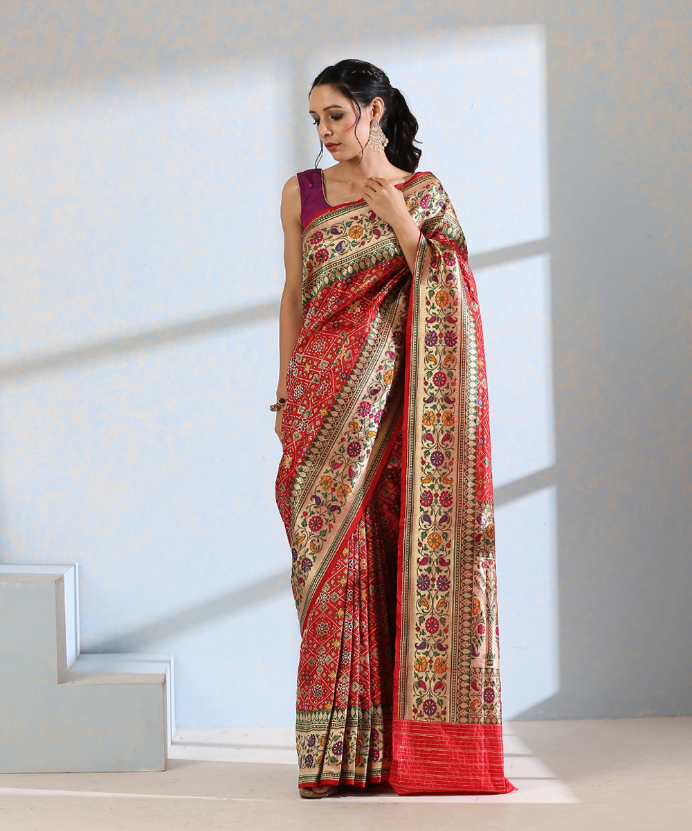 Handloom_Red_Pure_Katan_Silk_Meenakari_Banarasi_Patola_Saree_With_Floral_Paithani_Border_WeaverStory_02