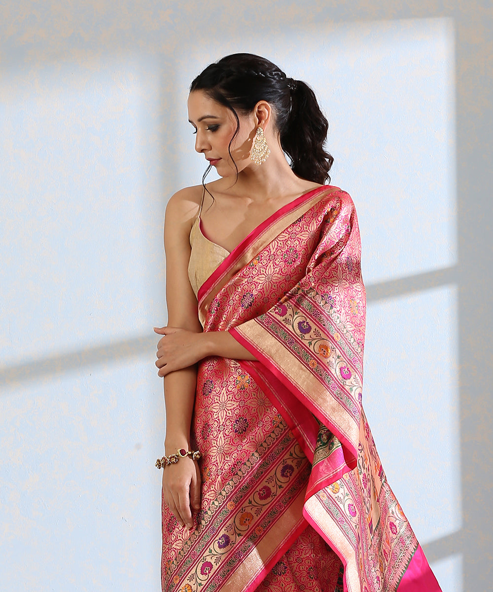 Pink_Handloom_Pure_Katan_Silk_Meenakari_Banarasi_Patola_Saree_With_Floral_Paithani_Border_WeaverStory_01