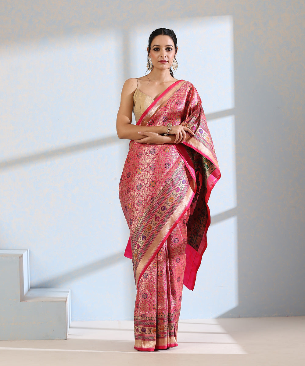 Pink_Handloom_Pure_Katan_Silk_Meenakari_Banarasi_Patola_Saree_With_Floral_Paithani_Border_WeaverStory_02