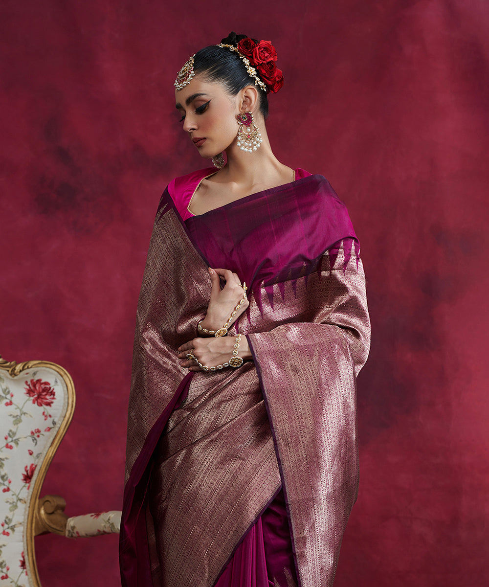 Wine_Handloom_Pure_Katan_Silk_Banarasi_Tanchoi_Saree_With_Rising_Temple_Zari_Border_WeaverStory_01