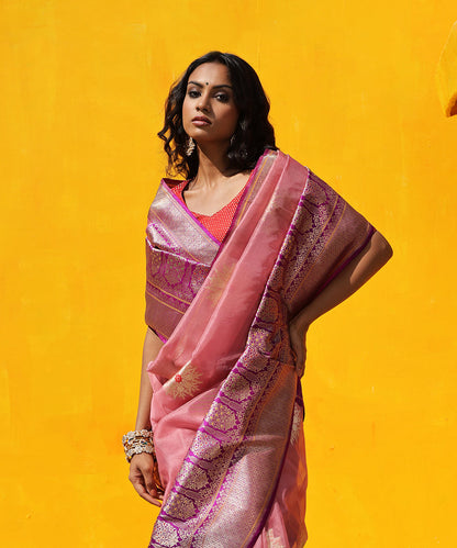 Rose_Pink_Handloom_Pure_Kora_Silk_Banarasi_Saree_With_Purple_Border_WeaverStory_01