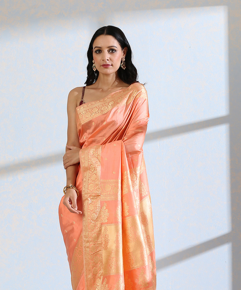 Peach_Handloom_Pure_Katan_Silk_Resham_Booti_Banarasi_Saree_WeaverStory_01