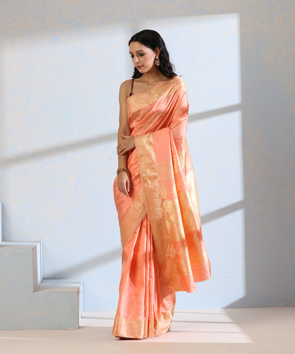 Peach_Handloom_Pure_Katan_Silk_Resham_Booti_Banarasi_Saree_WeaverStory_02