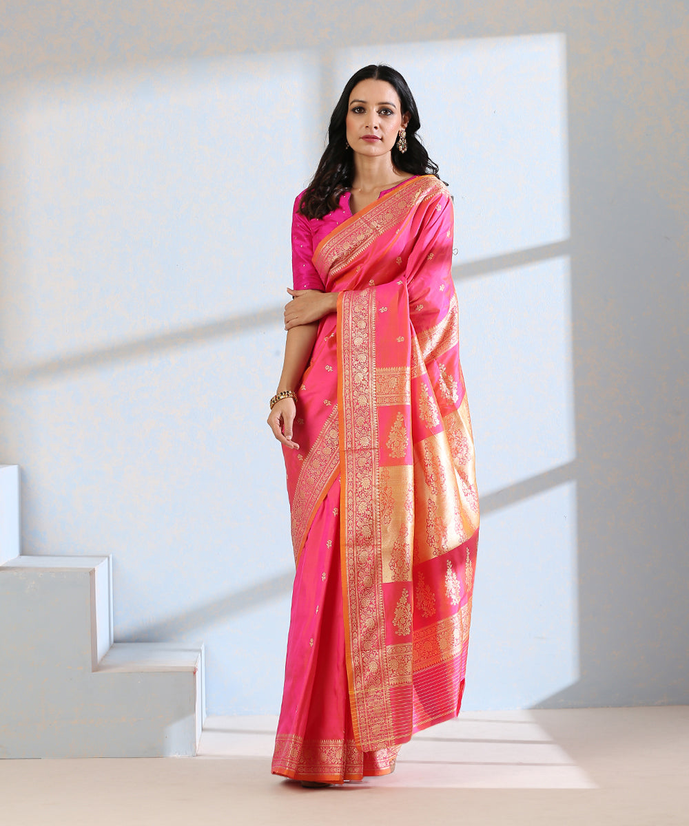 Handloom_Rose_Pink_Pure_Katan_Silk_Resham_Booti_Banarasi_Saree_WeaverStory_02