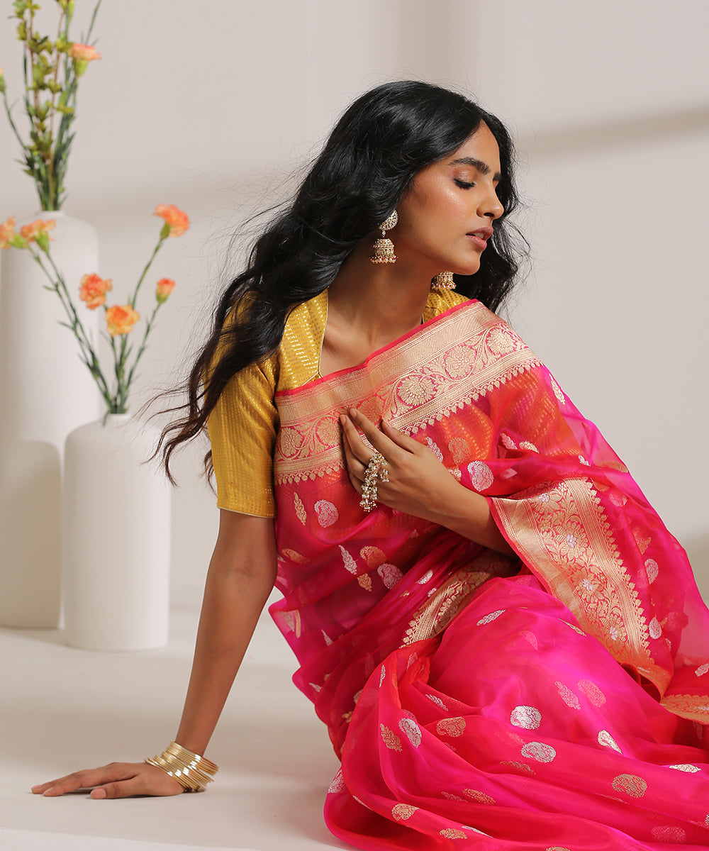 Hot_Pink_Handloom_Kora_Silk_Banarasi_Saree_With_Kadhwa_Booti_WeaverStory_01