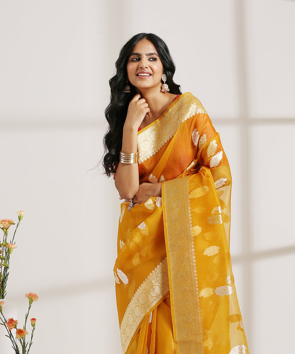 Mustard_Handloom_Kora_Silk_Banarasi_Saree_With_Kadhwa_Zari_Booti_WeaverStory_01