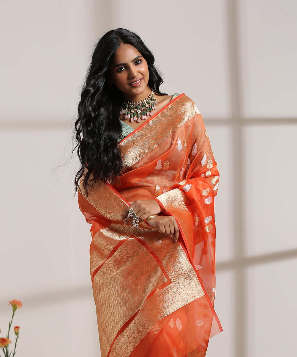 Orange_Handloom_Kora_Silk_Banarasi_Saree_With_Kadhwa_Zari_Booti_WeaverStory_01