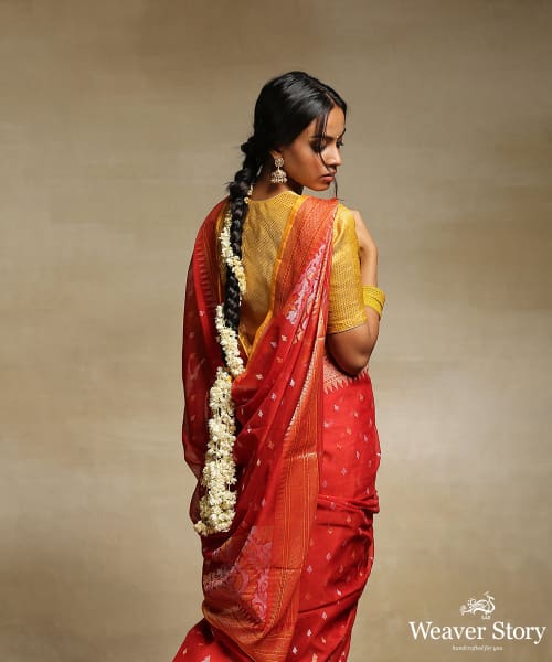 Handloom_Red_Pure_Cotton_Banarasi_Jamdani_Saree_With_Konia_Pallu_WeaverStory_01