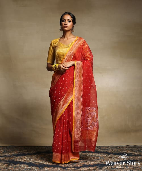 Handloom_Red_Pure_Cotton_Banarasi_Jamdani_Saree_With_Konia_Pallu_WeaverStory_02