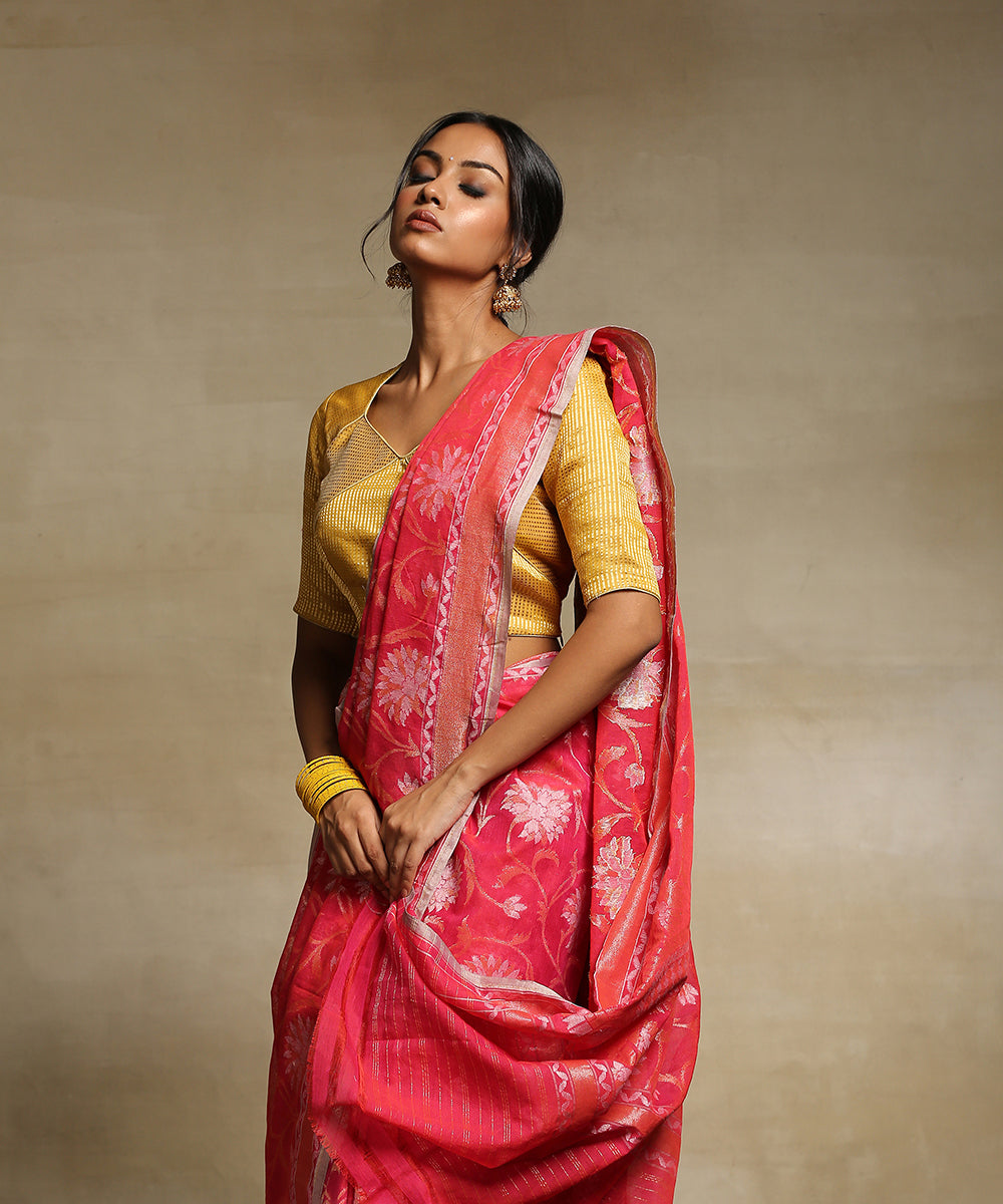 Handloom_Pink_Pure_Cotton_Banarasi_Jamdani_Saree_With_Floral_Jaal_WeaverStory_01