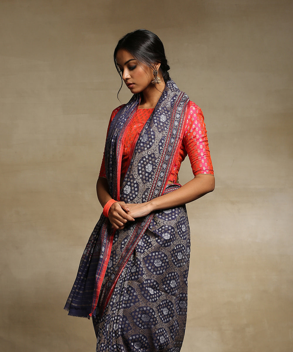 Handloom_Indigo_Pure_Cotton_Banarasi_Jamdani_Saree_With_Paisley_Pallu_WeaverStory_01