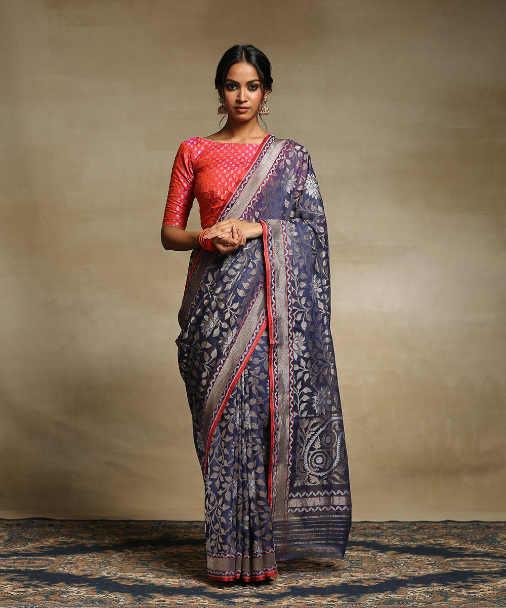 Handloom_Indigo_Pure_Cotton_Banarasi_Jamdani_Saree_With_Paisley_Pallu_WeaverStory_02