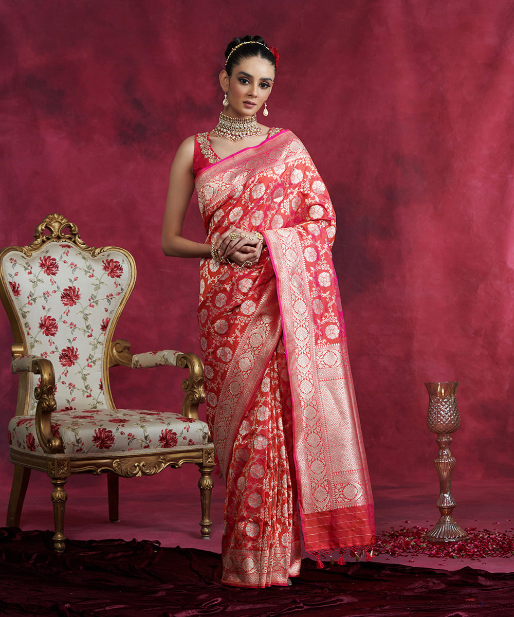 Hot Pink Handloom Pure Katan Silk Banarasi Saree With Sona Rupa Jaal