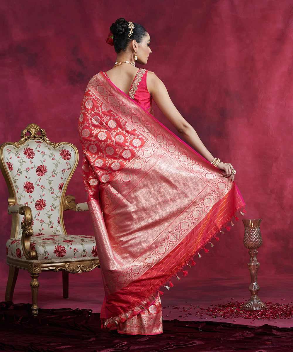 Hot Pink Handloom Pure Katan Silk Banarasi Saree With Sona Rupa Jaal