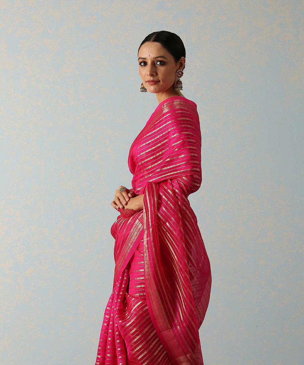 Pink_Handloom_Kora_Silk_Banarasi_Saree_With_Horizontal_Stripes_WeaverStory_01