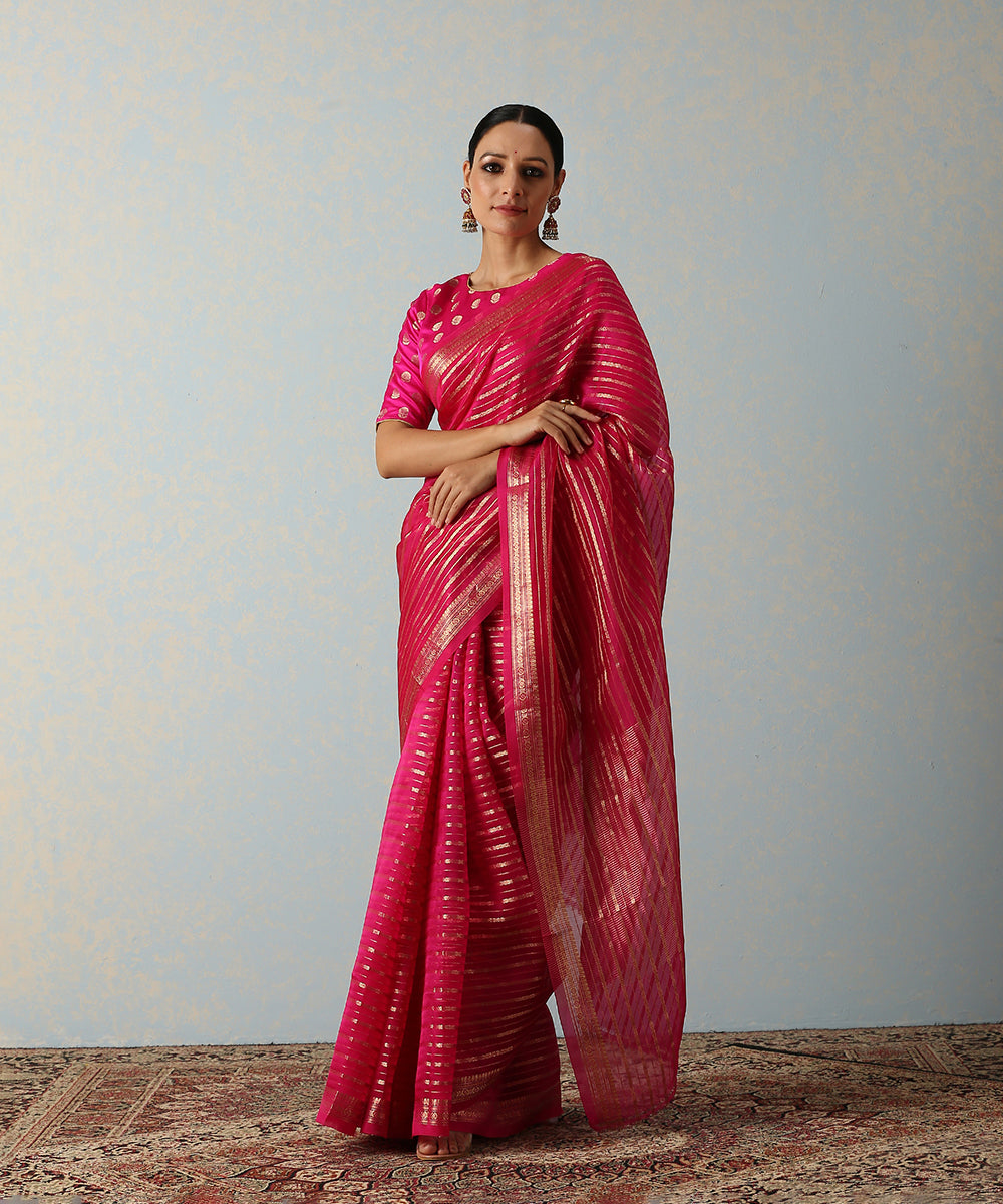 Pink_Handloom_Kora_Silk_Banarasi_Saree_With_Horizontal_Stripes_WeaverStory_02