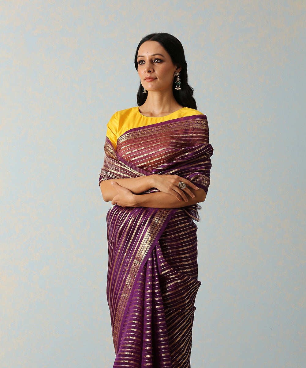 Purple_Handloom_Kora_Silk_Banarasi_Saree_With_Horizontal_Stripes_WeaverStory_01