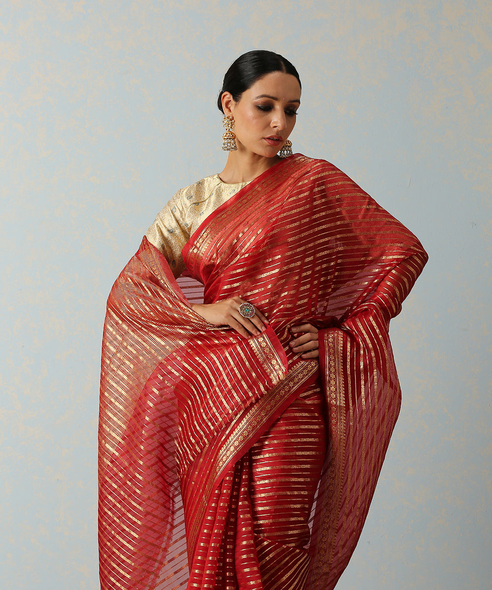 Maroon_Handloom_Kora_Silk_Banarasi_Saree_With_Horizontal_Stripes_WeaverStory_01