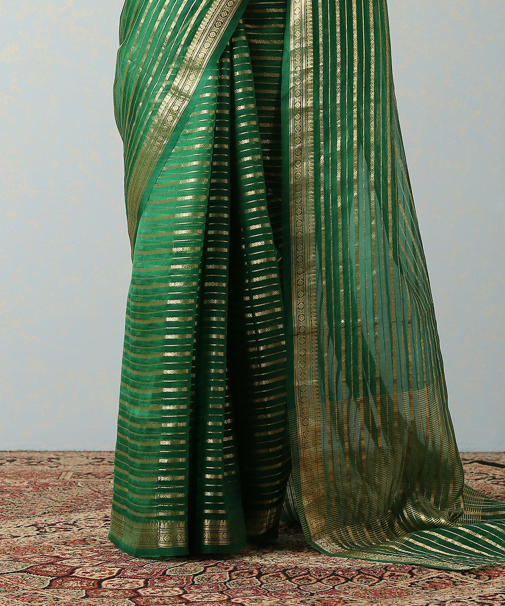 Green_Handloom_Kora_Silk_Banarasi_Saree_With_Horizontal_Stripes_WeaverStory_04