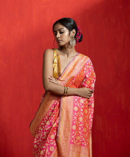 Handloom_Pink_And_Orange_Dual_Tone_Pure_Katan_Silk_Banarasi_Saree_With_Kadhwa_Jaal_WeaverStory_01