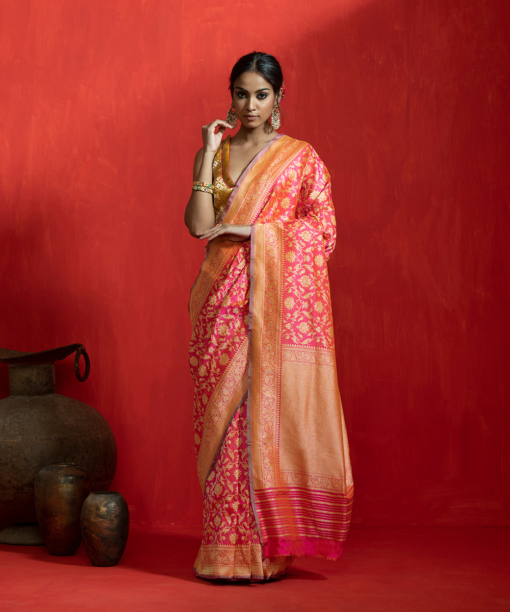 Handloom_Pink_And_Orange_Dual_Tone_Pure_Katan_Silk_Banarasi_Saree_With_Kadhwa_Jaal_WeaverStory_02