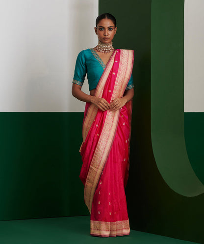 Pink_Handloom_Pure_Katan_Silk_Kadhwa_Booti_Banarasi_Saree_With_Heavy_Brocade_Blouse_WeaverStory_02