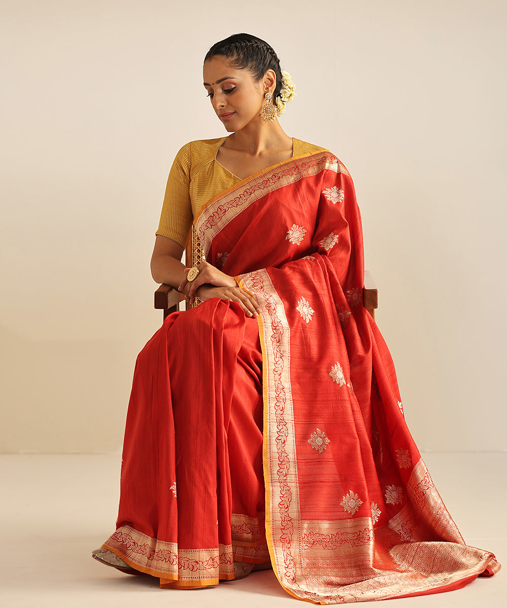 Handloom_Red_Tusser_Silk_Banarasi_Saree_With_Kadhwa_Boota_WeaverStory_01