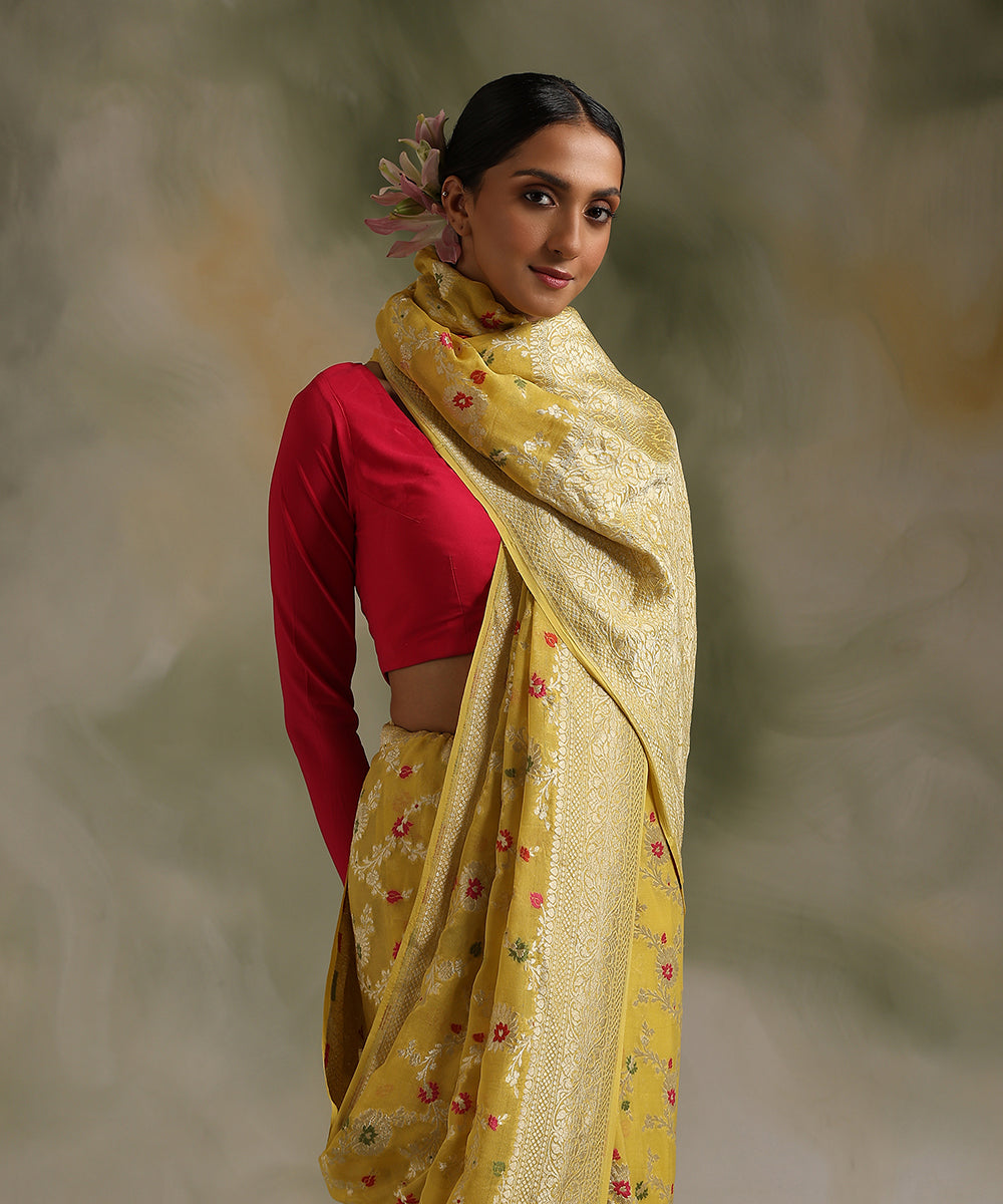 Yellow_Handloom_Pure_Georgette_Banarasi_Saree_With_Meenakari_Jaal_WeaverStory_01