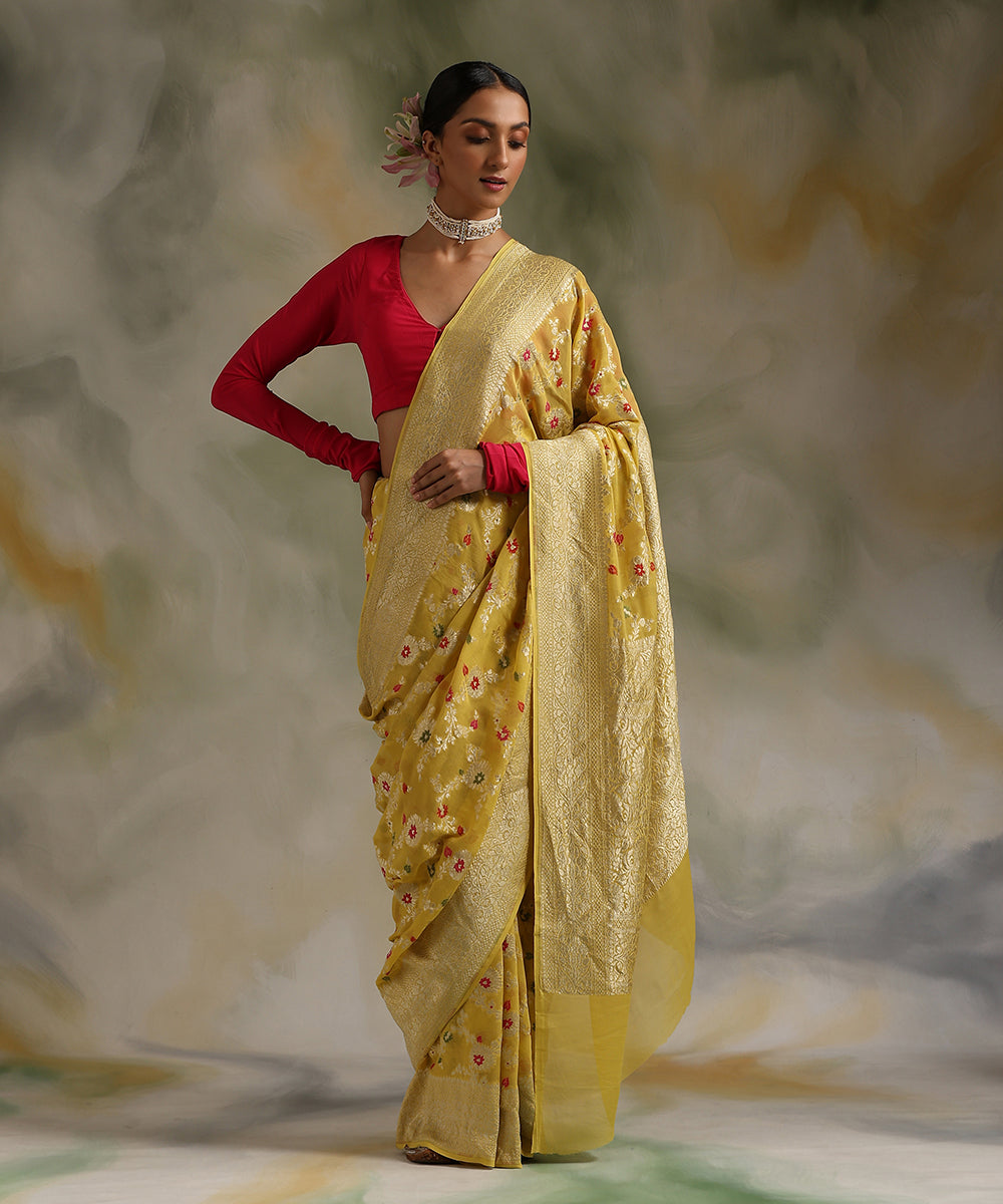 Yellow_Handloom_Pure_Georgette_Banarasi_Saree_With_Meenakari_Jaal_WeaverStory_02