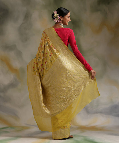 Yellow_Handloom_Pure_Georgette_Banarasi_Saree_With_Meenakari_Jaal_WeaverStory_03