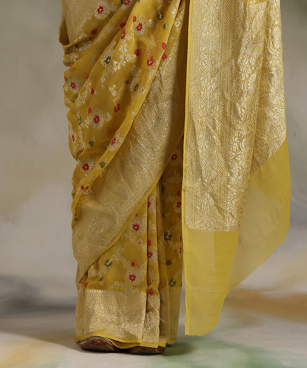 Yellow_Handloom_Pure_Georgette_Banarasi_Saree_With_Meenakari_Jaal_WeaverStory_04