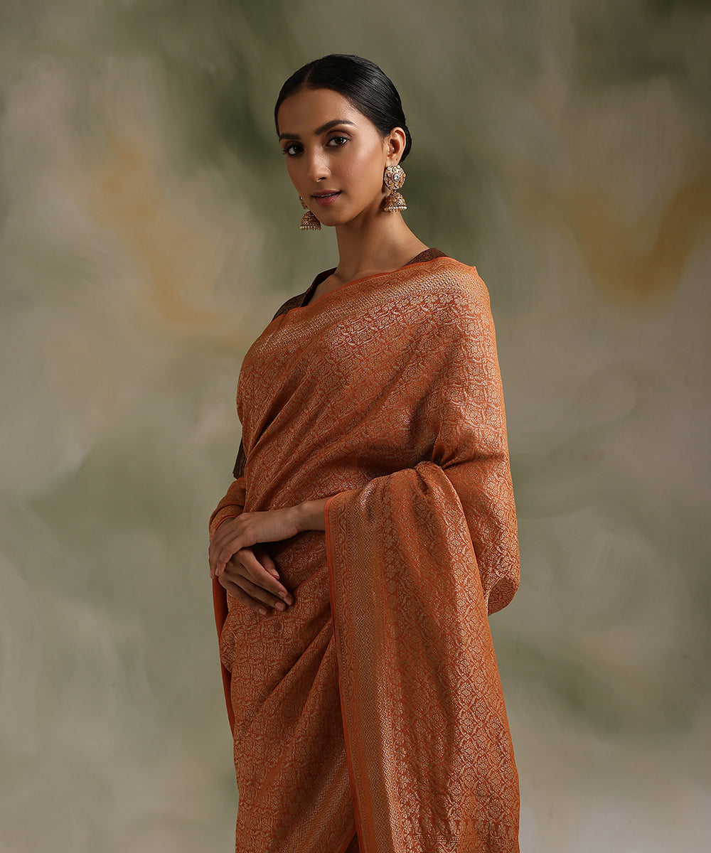 Rust_Handloom_Pure_Tissue_Georgette_Banarasi_Saree_With_Kadhwa_Weave_WeaverStory_01