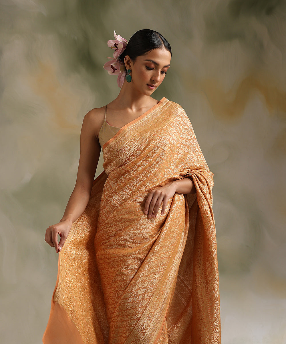 Peach_Handloom_Pure_Tissue_Georgette_Banarasi_Saree_WeaverStory_01