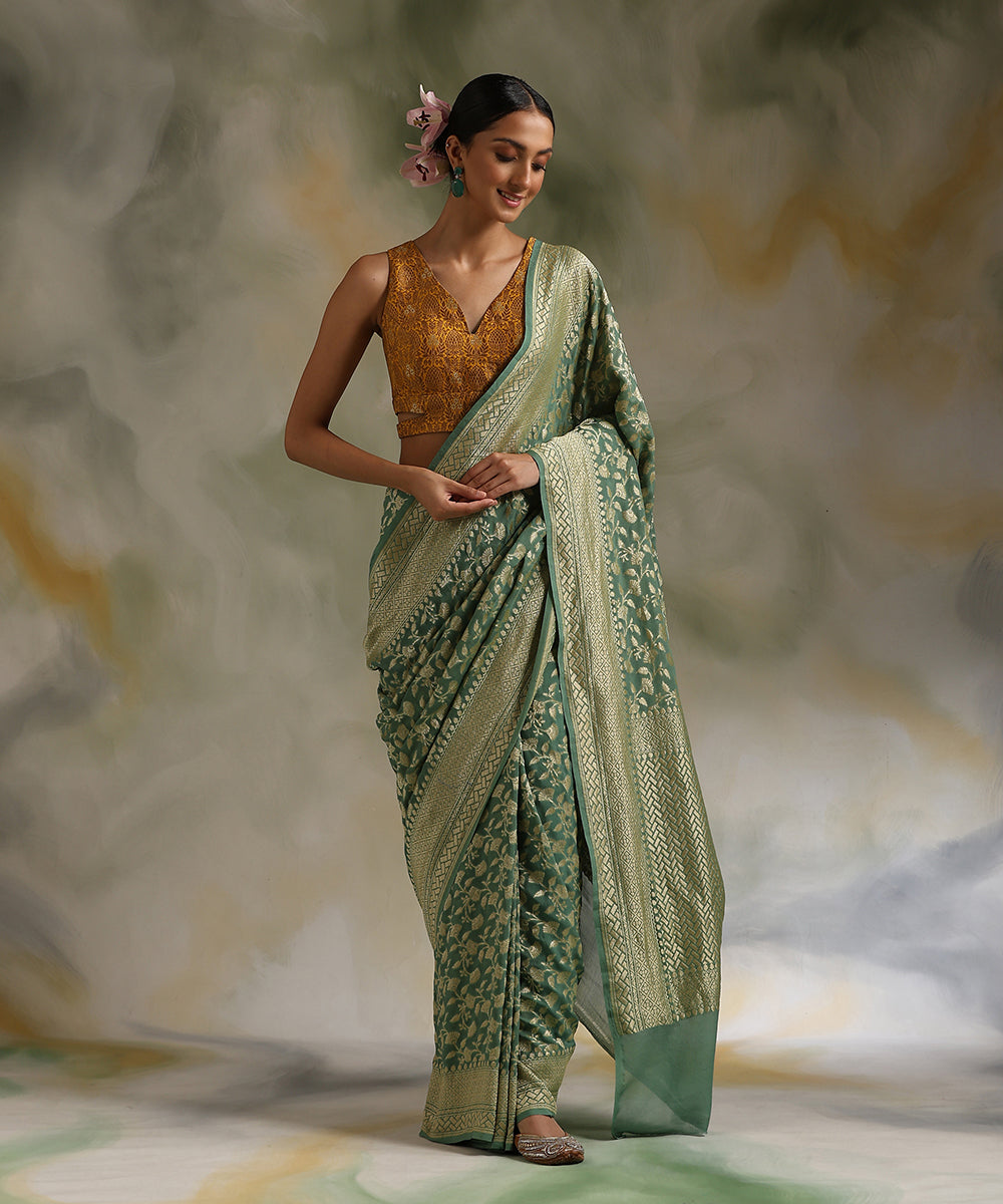 Handloom_Teal_Pure_Georgette_Banarasi_Saree_With_Floral_Jaal_WeaverStory_02