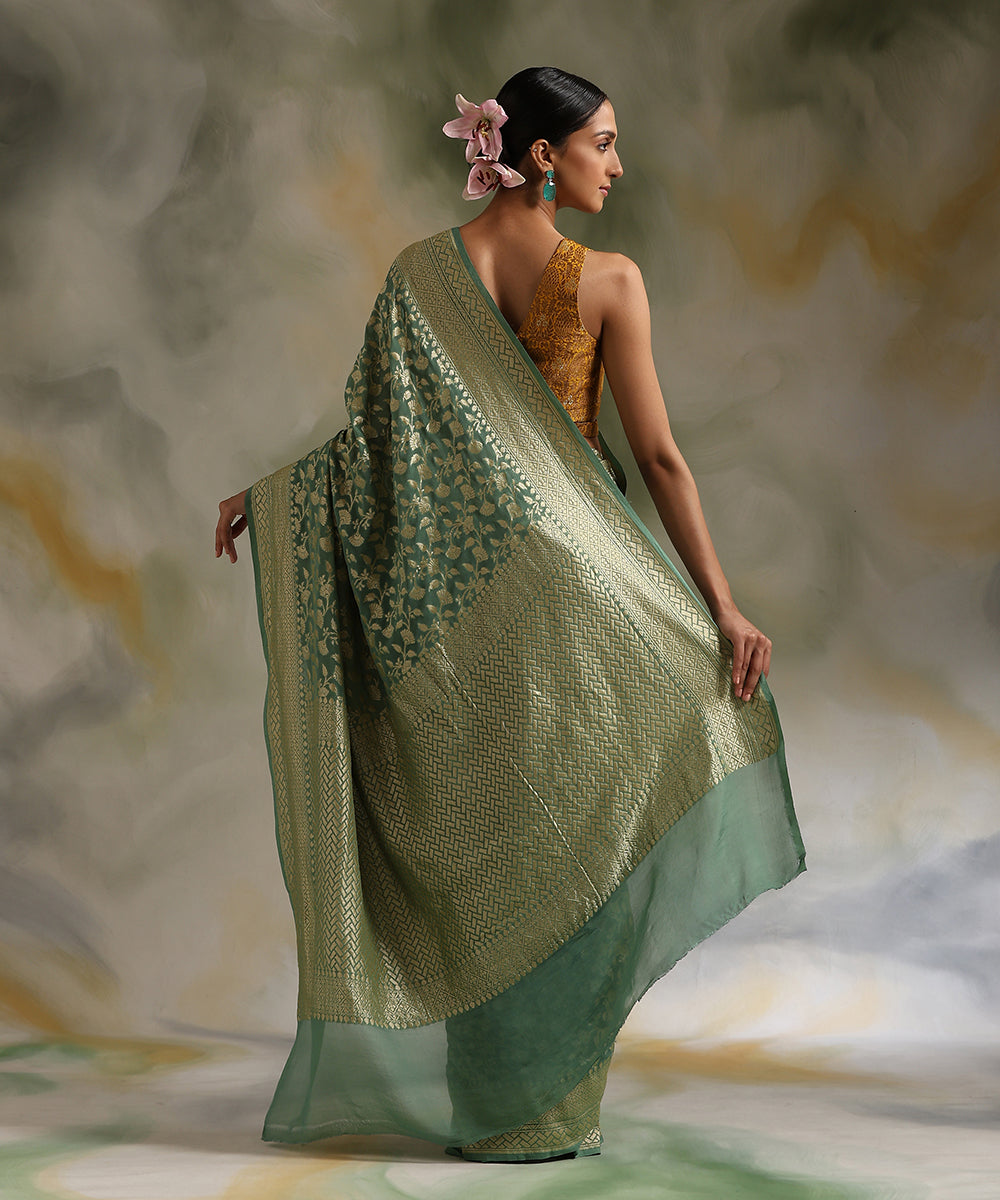 Handloom_Teal_Pure_Georgette_Banarasi_Saree_With_Floral_Jaal_WeaverStory_03