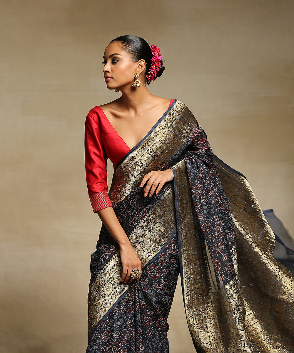 Handloom_Blue_Pure_Georgette_Banarasi_Saree_With_Ajrakh_Printing_And_Zari_Border_WeaverStory_01