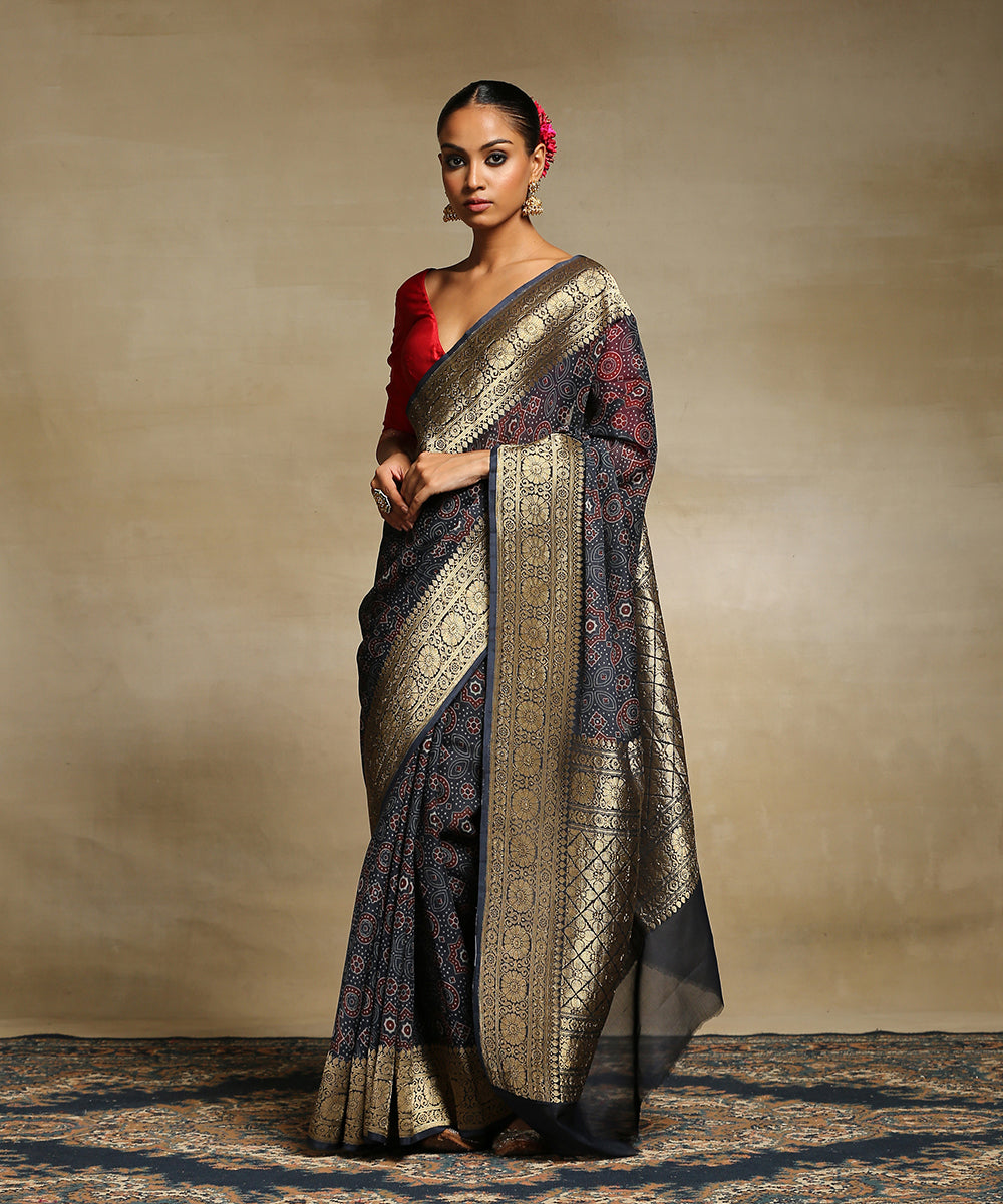 Handloom_Blue_Pure_Georgette_Banarasi_Saree_With_Ajrakh_Printing_And_Zari_Border_WeaverStory_02